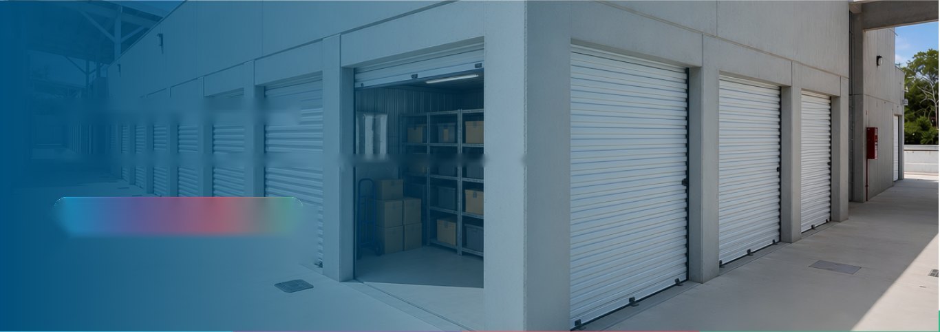 Pasillo de minibodegas con cortinas metálicas