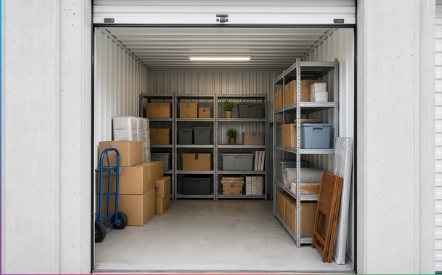 Minibodega abierta con cajas y anaqueles